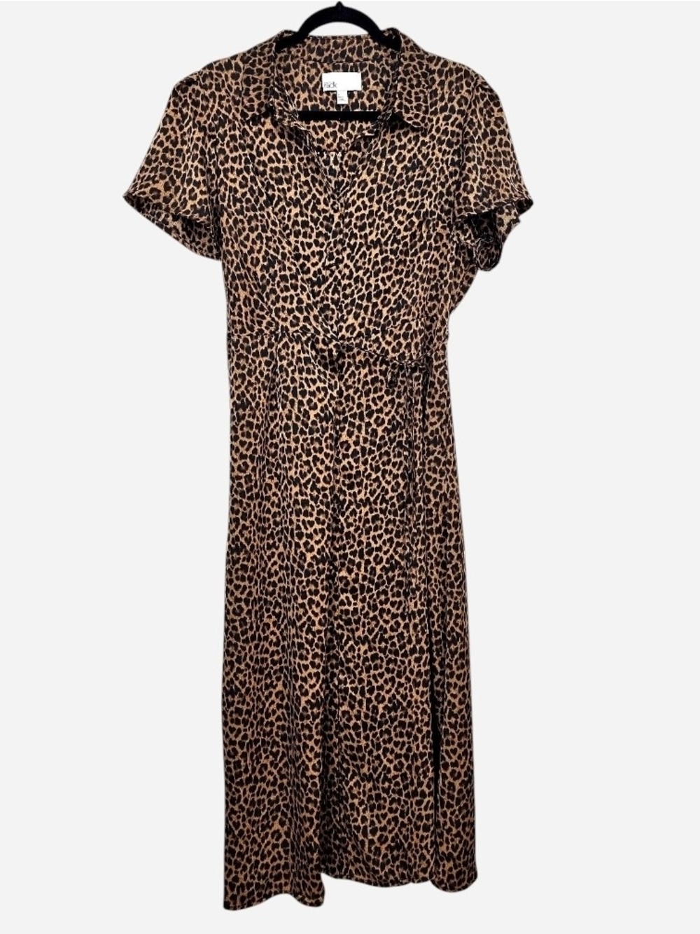NWOT Satin Leopard Print Brown and Black Button Down Faux Wrap Dress, Size L